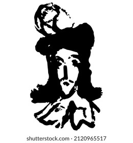 Head of a vintage man in a hat hat with feather. Romantic pirate or musketeer. Hand drawn rough doodle sketch. Black and white silhouette. Male portrait.