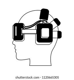 Head with Virtual Reality glasses in black and white