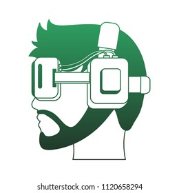 Head with Virtual Reality glasses green lines