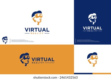 head with virtual reality glasses, human character, video game, logo design template.