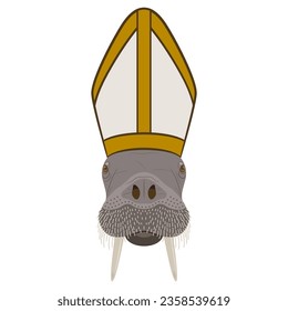 Head of a walrus wearing a Catholic Pope's mitre or Bishop's miter. Creative concept. Animal priest. Isolated vector illustration.