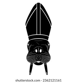 Head of a walrus wearing a Catholic Pope's mitre or Bishop's miter. Creative concept. Animal priest. Black and white silhouette.