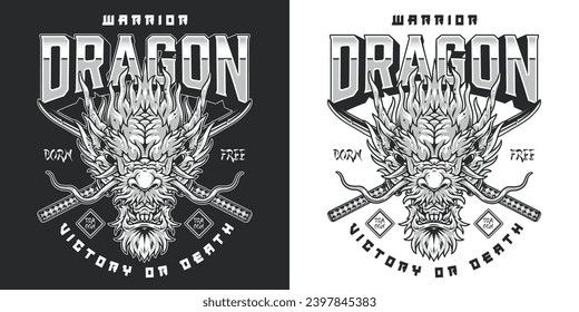 Head warrior dragon flyer monochrome with monster face and two crossed swords near signature victory or death vector illustration