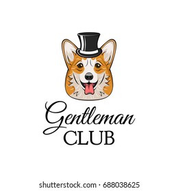 Head of Welsh Corgi breed. Top hat. Gentleman club badge. Vector illustration isolated on white background