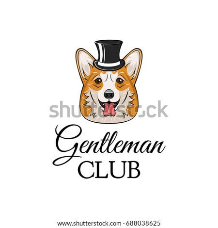 Head of Welsh Corgi breed. Top hat. Gentleman club badge. Vector illustration isolated on white background