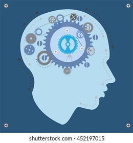 Head with wheel gear brain mechanism - Brainstorming concept, vector . 