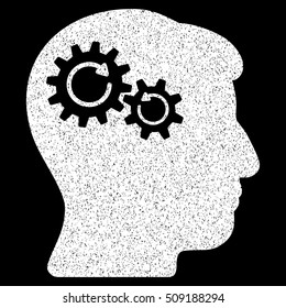 Head Wheels Rotation grainy textured icon for overlay watermark stamps. Flat symbol with unclean texture. Dotted vector white ink rubber seal stamp with grunge design on a black background.