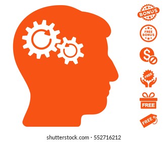 Head Wheels Rotation icon with free bonus graphic icons. Vector illustration style is flat iconic symbols, orange color, white background.