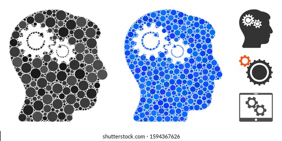 Head wheels rotation mosaic of round dots in variable sizes and shades, based on head wheels rotation icon. Vector round dots are composed into blue illustration.