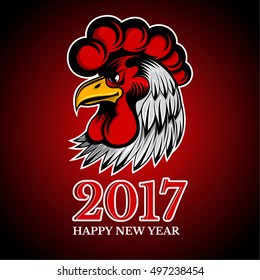 Head of white angry rooster the New Year 2017. Cartoon style Cock symbol on the Chinese calendar on red background.