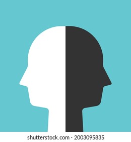 Head of white and black halves. Psychology, bipolar disorder, emotion, duality, ambivalence and personality concept. Flat design. EPS 8 vector illustration, no transparency, no gradients