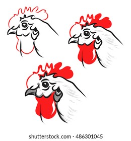Head of a white chicken with red crest abstract vector illustration of cock on white background