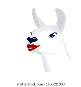 Head of white llama with red lips on white background