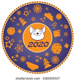 head white rat or mouse, 2020 Happy New Year symbol, orange and violet background, vector stock image, purple gradient, vector illustration, for eastern calendar, violet outline