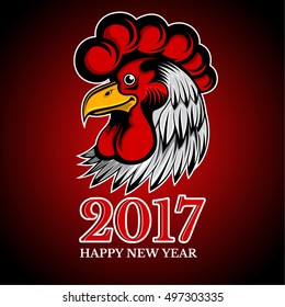 Head of white rooster the New Year 2017. Cartoon style Cock symbol on the Chinese calendar on red background.