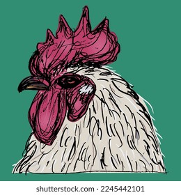 Head of a white rooster with red crest. Animal design. Hand drawn rough sketch. On green background.