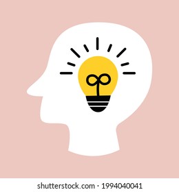Kopfweiße Silhouette mit Glühbirne. Psychische Gesundheit, Energie, Erfolgsidee. Konzept des Geistes, der Fantasie, der Idee, der Fantasie, der Bildung, des Lichts. Männlicher oder weiblicher Profilkopf. Vektorgrafik Eps