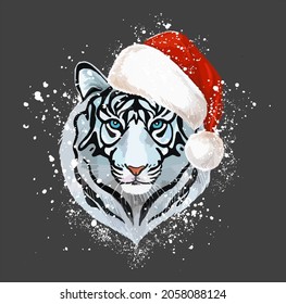 The head of a white tiger with blue eyes. In Santa Claus hat. Illustration for clipart.