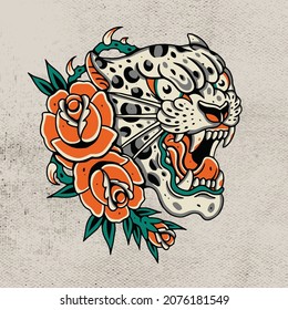 head white tiger fangs with red rose flower vector artwork design