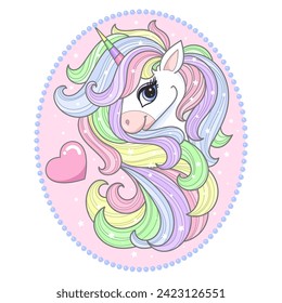 The head of a white unicorn with a long rainbow mane and a heart in an oval frame. Cute fantastic animal. For designing prints, posters, cards, stickers, etc. Vector illustration