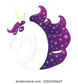 head of white unicorn with purple lush starry mane