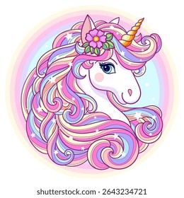 Head of white unicorn with rainbow mane. Composition in circle. Cute fantasy animal. For children's design of prints, posters, cards, stickers, puzzles, etc. Vector illustration