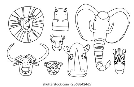 Head of a wild animal lion, rhinoceros elephant. Zebra, bull and monkey. set Animals of Africa. Line flat vector illustration, eps10