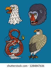 Head of Wild Animal Predator. Eagle Falcon Monkey Face and Chinese Dragon. Japanese Style Portraits. Hand drawn Engraved Monochrome Old Sketch for retro logos.