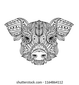 Head Of A Wild Boar. Meditation, Coloring Of The Mandala. Pig Head With Fangs And Hair. Drawing Manually, Templates. Zentangle Art. 