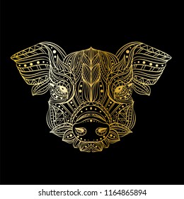 Head of a wild boar. Meditation, coloring of the mandala. Pig head with fangs and hair. Drawing manually, templates. Zentangle art. 