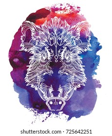 Head of a wild boar. Meditation, coloring of the mandala. Pig head with fangs and hair. Drawing manually, templates.