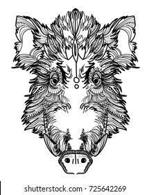 Head of a wild boar. Meditation, coloring of the mandala. Pig head with fangs and hair. Drawing manually, templates.