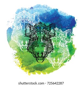 Head of a wild boar. Meditation, coloring of the mandala. Pig head with fangs and hair. Drawing manually, templates.