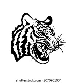 Head of a wild carnivorous animal. in profile of a tiger vector graphics black and white for a logo, sticker, tattoo, symbol, print. Roar tiger face.