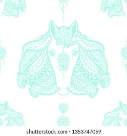 Head of a wild horse with mane and mandala. Antistress freehand sketch drawing pattern with doodle and zentangle elements