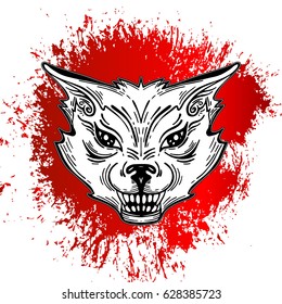 Head of a wild wolf on a background of red, bloody spots, totemic animal. Talisman, predator tattoo, werewolf. Printing on T-shirts, cover. Design element, emblem, poster.