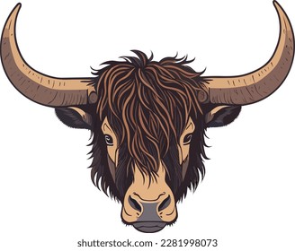 Head of a wild yak. Portrait of cattle, cow. Isolated on a white background. Design element for logo, poster, card, banner, emblem, t-shirt. Vector illustration.