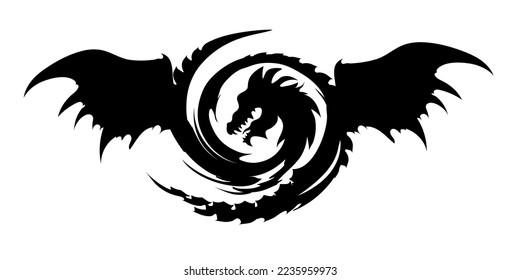 Head and wings of a dragon. Dragon sign. Black silhouette isolated on white background. Vector image.