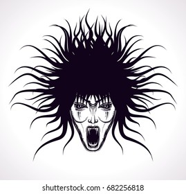 Head of witch with hair and open mouth. Vector isolated illustration on white background. Mask of vampire for halloween. Dangerous woman face.