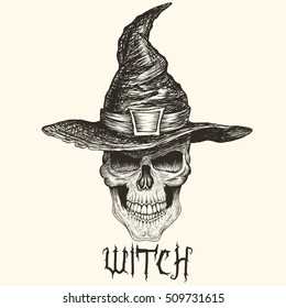 Head of witch with hat. Skull face. Engraving style. Vector hand drawn illustration