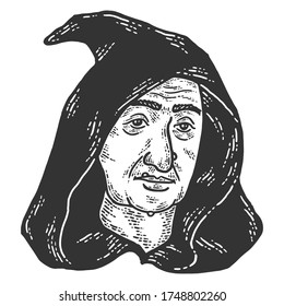 Head of a witch in a hood. Sketch scratch board imitation. Black and white. Engraving vector illustration.