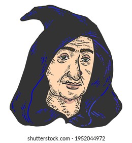 Head of a witch in a hood. Sketch scratch board imitation color.
