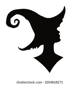 Head of witch in profile, silhuette vector illustration on white background.