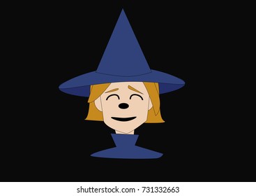 head of a witch in a purple hat on a dark background.