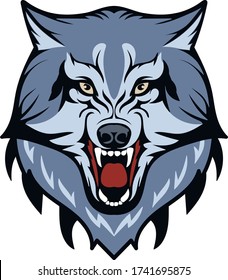 The head of the wolf. The animal gritted its teeth. The totem of a forest dweller. Logo detail. Vector isolated image.