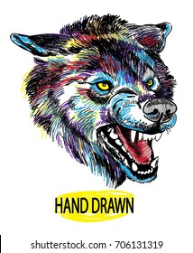The head of a wolf. Drawing by hand in vintage style. The wolf rocks. Predator, attack, danger.