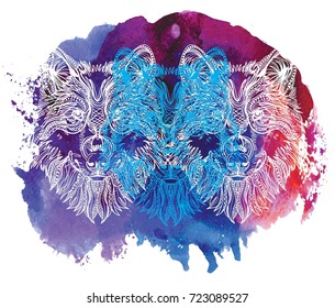 The head of a wolf. Drawing by hand in vintage style. A beautiful fluffy wolf with patterns on the wool.