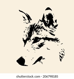 The head of wolf female, isolated on sepia background. Side face portrait of a forest dangerous beast, Canis lupus lupus. Amazing monochrome vector image. Great for user pic, icon, label, tattoo.