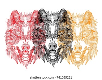 The head of a wolf. Grin with fangs. Drawing manually in vintage style. Meditative coloring for children. Arrows, points, patterns, scales, strokes, wool. Predator, logo.