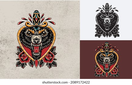 head of wolf and knife with red rose flower tattoo design